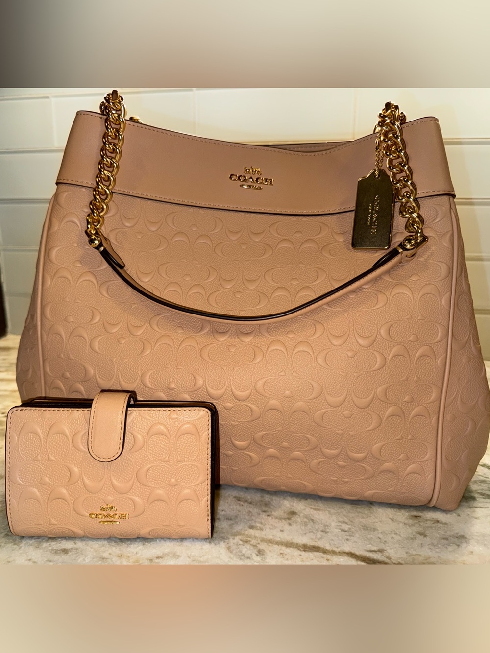 NWT Coach Lexy F49336 Signature Leather Embossed Chain Bag & Wallet Beechwood